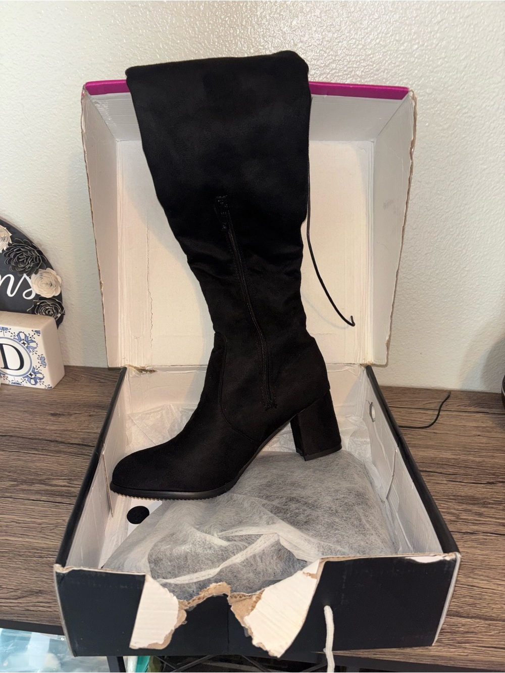 Room of Fashion Tokyo-30W Wide Calf Boots Size 10 Black Suede Block Heel NIB